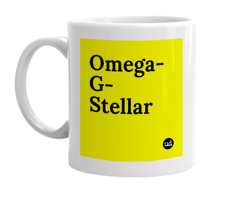 White mug with 'Omega-G-Stellar' in bold black letters