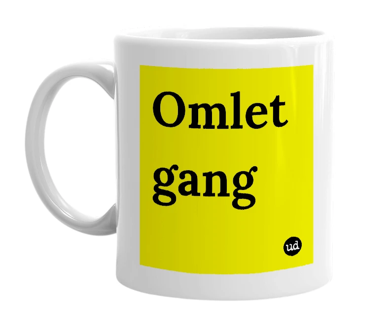 White mug with 'Omlet gang' in bold black letters