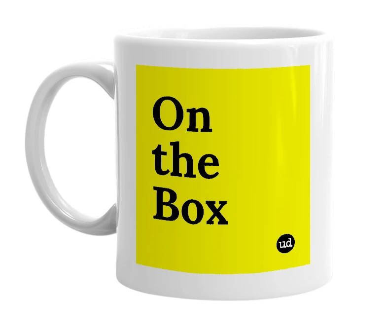 White mug with 'On the Box' in bold black letters