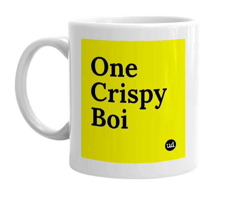 White mug with 'One Crispy Boi' in bold black letters