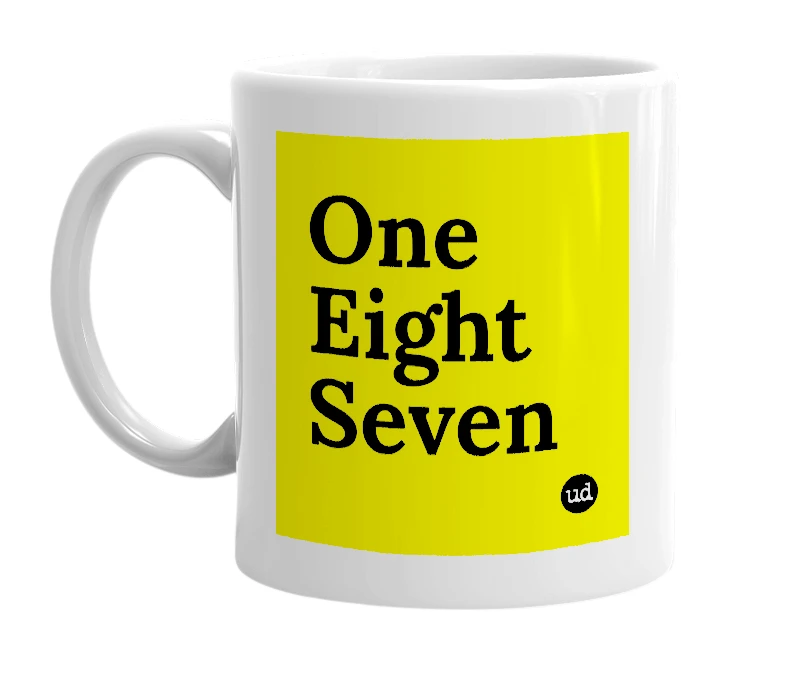 White mug with 'One Eight Seven' in bold black letters