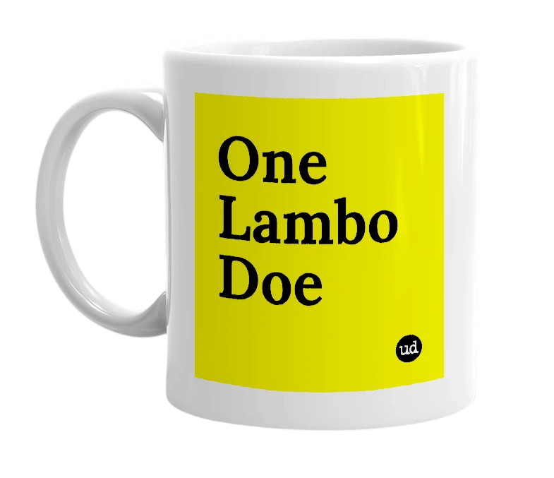 White mug with 'One Lambo Doe' in bold black letters