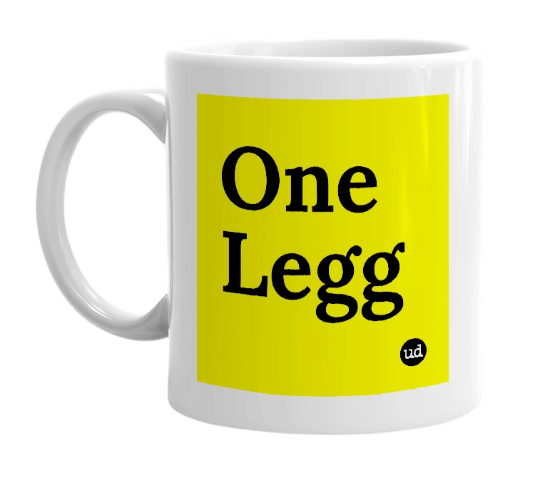 White mug with 'One Legg' in bold black letters