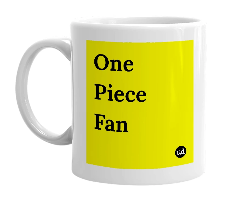 White mug with 'One Piece Fan' in bold black letters
