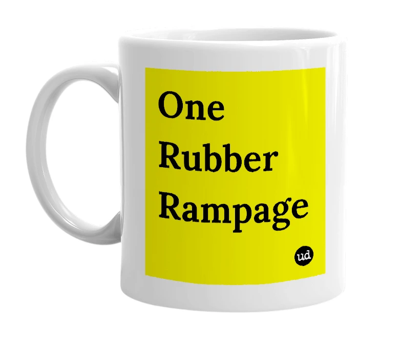 White mug with 'One Rubber Rampage' in bold black letters