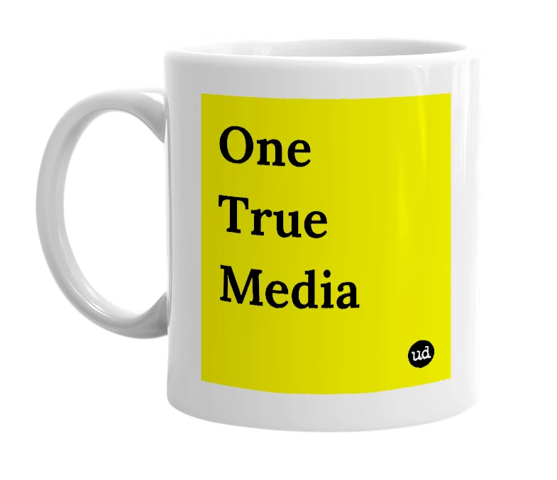 White mug with 'One True Media' in bold black letters