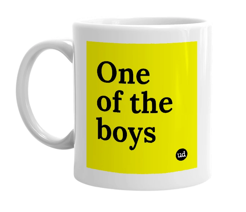 White mug with 'One of the boys' in bold black letters