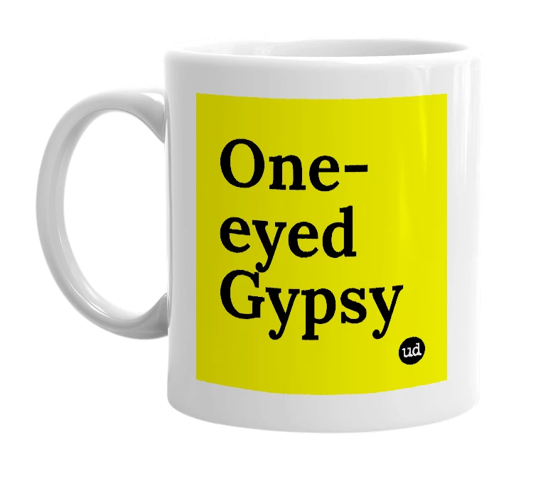 White mug with 'One-eyed Gypsy' in bold black letters