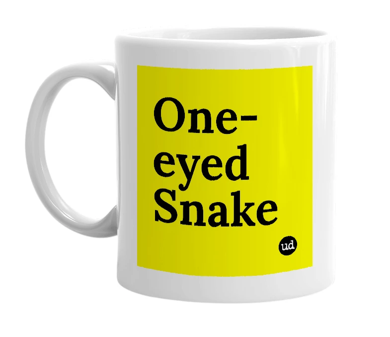 White mug with 'One-eyed Snake' in bold black letters