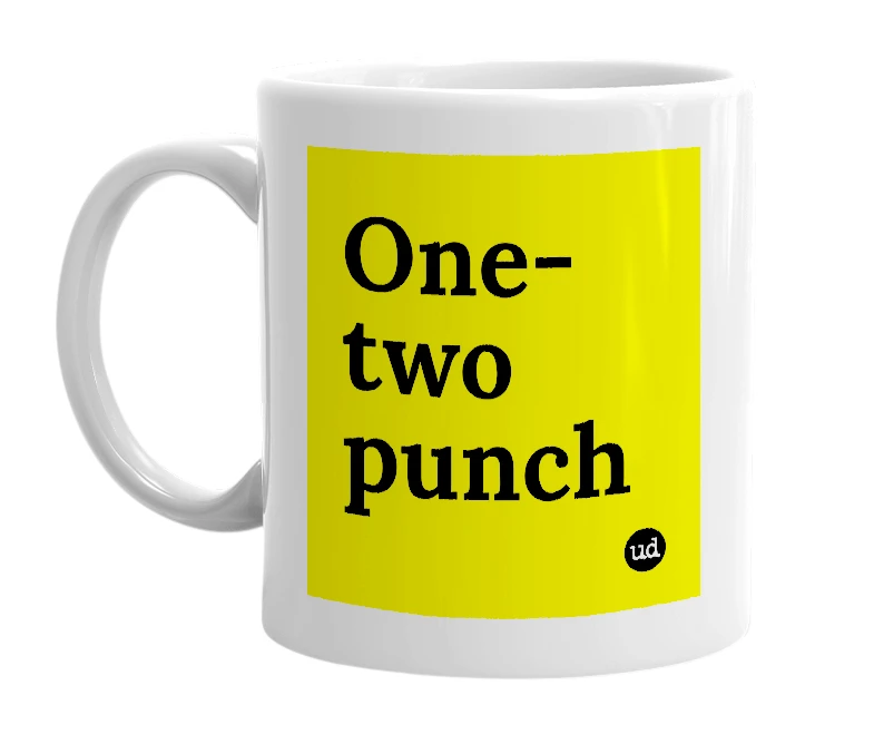 White mug with 'One-two punch' in bold black letters