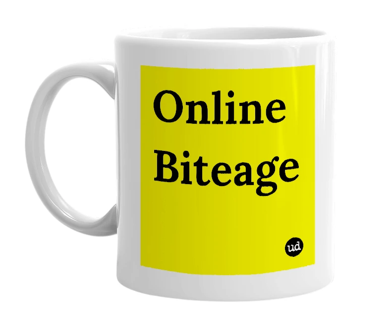 White mug with 'Online Biteage' in bold black letters