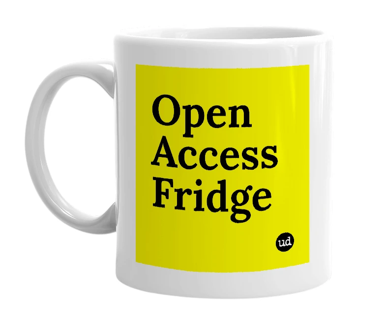 White mug with 'Open Access Fridge' in bold black letters