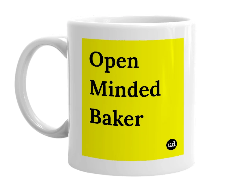 White mug with 'Open Minded Baker' in bold black letters
