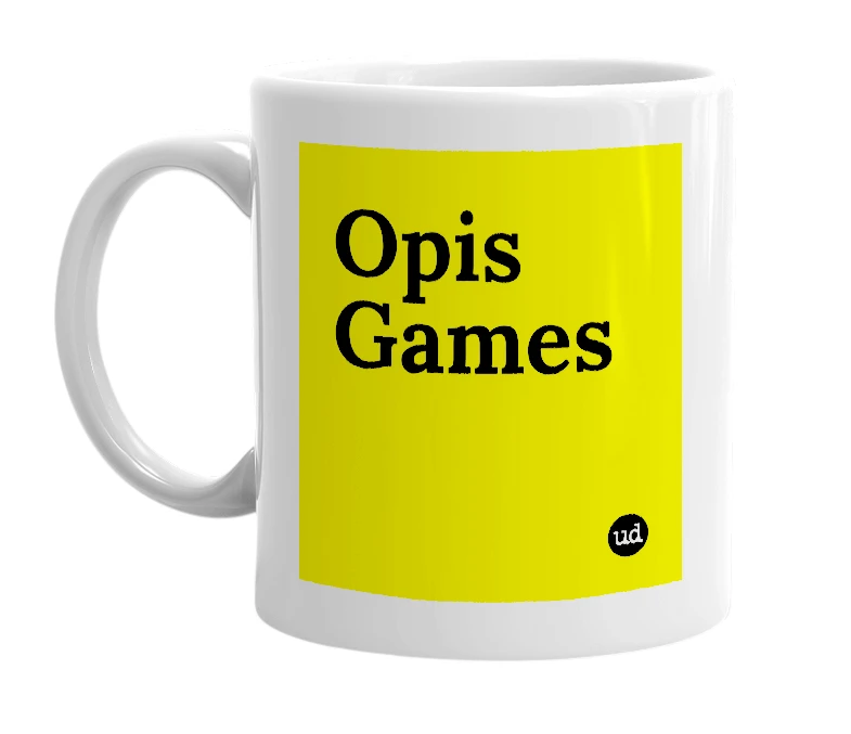 White mug with 'Opis Games' in bold black letters