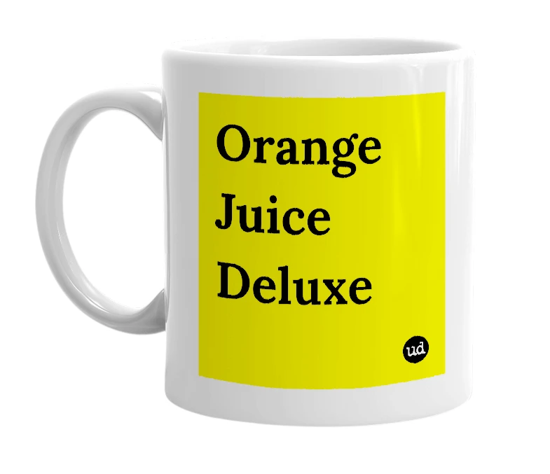 White mug with 'Orange Juice Deluxe' in bold black letters