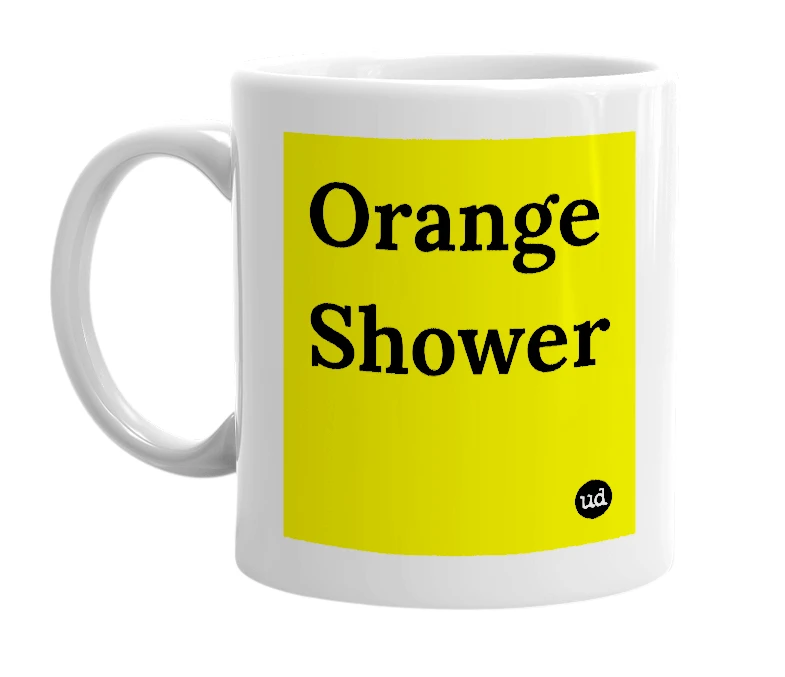 White mug with 'Orange Shower' in bold black letters