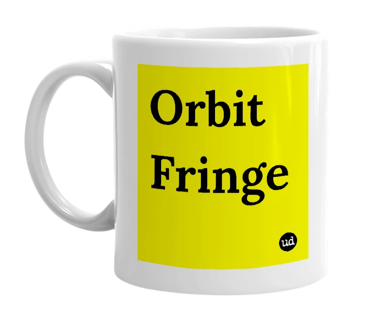 White mug with 'Orbit Fringe' in bold black letters