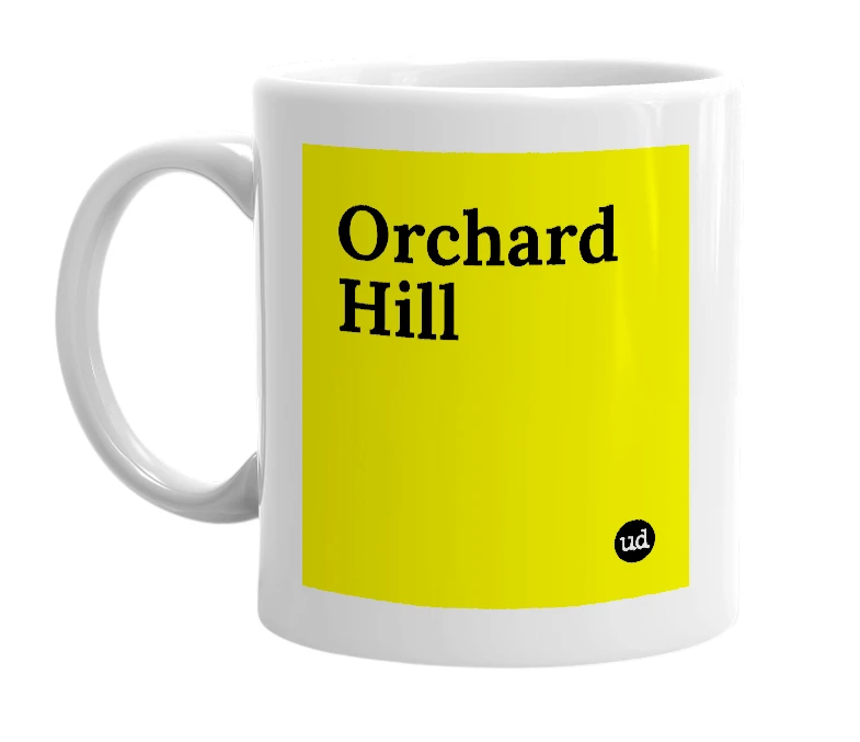 White mug with 'Orchard Hill' in bold black letters