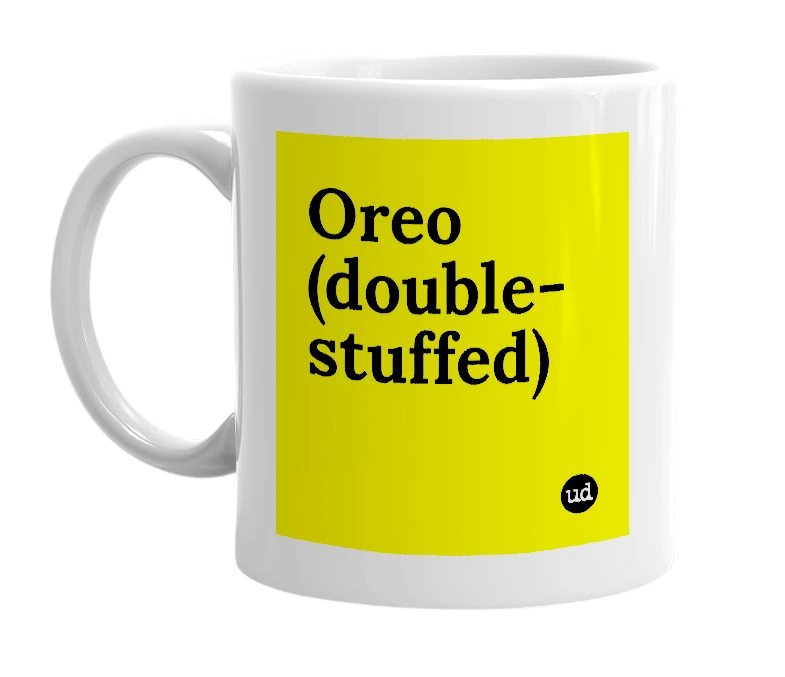 White mug with 'Oreo (double-stuffed)' in bold black letters
