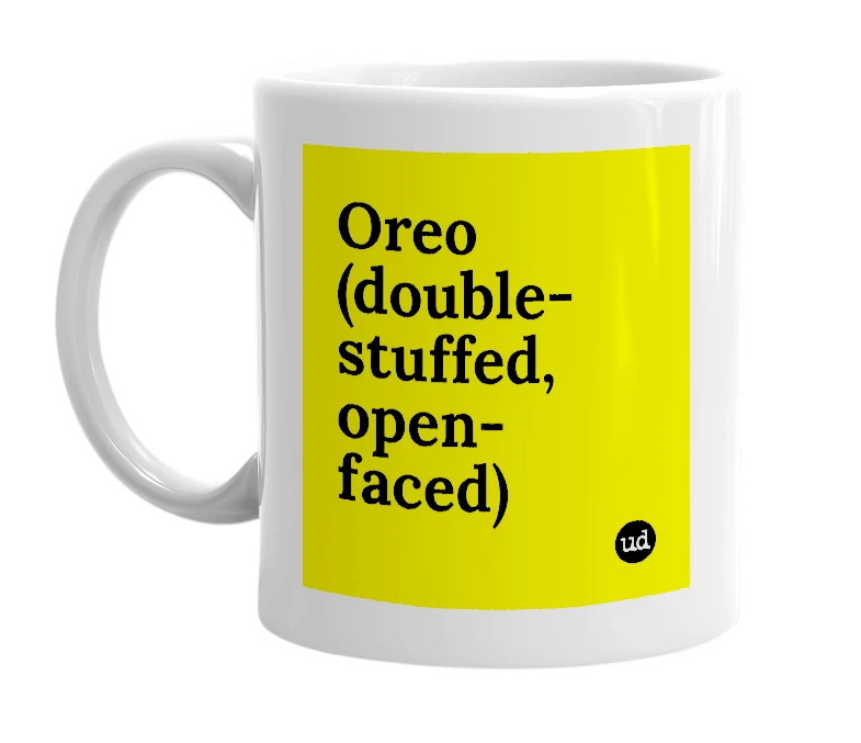 White mug with 'Oreo (double-stuffed, open-faced)' in bold black letters