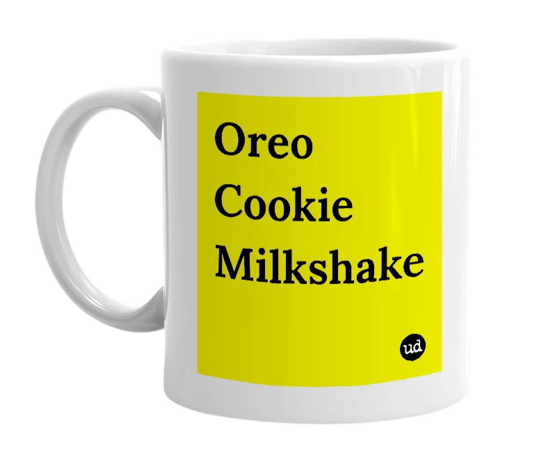 White mug with 'Oreo Cookie Milkshake' in bold black letters