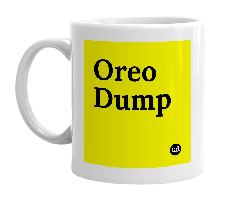 White mug with 'Oreo Dump' in bold black letters