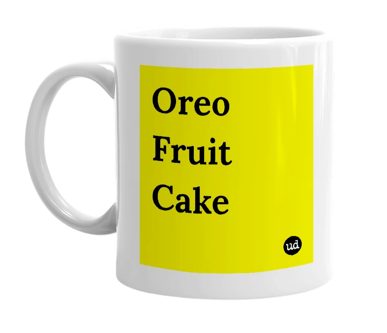 White mug with 'Oreo Fruit Cake' in bold black letters