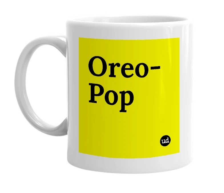 White mug with 'Oreo-Pop' in bold black letters