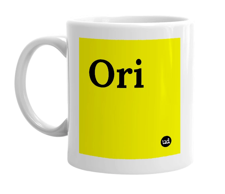 White mug with 'Ori' in bold black letters