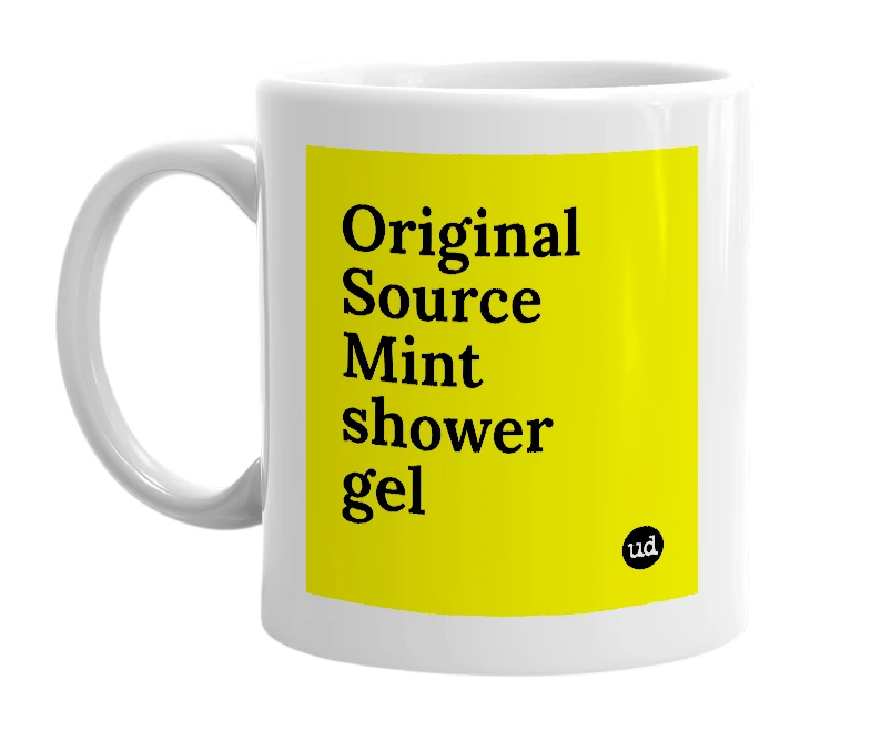 White mug with 'Original Source Mint shower gel' in bold black letters
