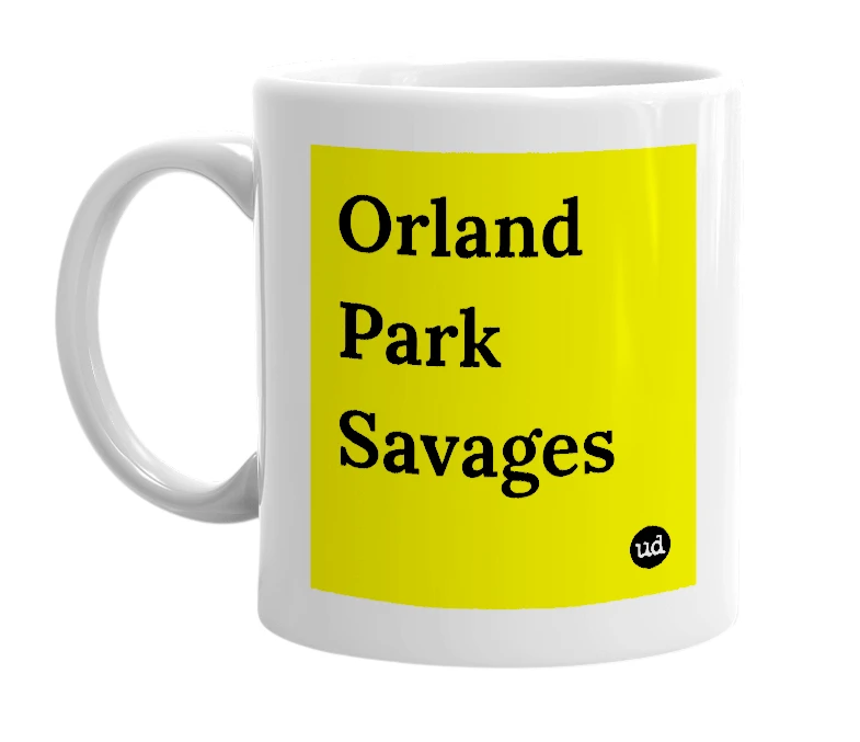 White mug with 'Orland Park Savages' in bold black letters