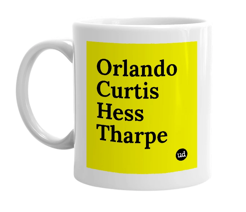 White mug with 'Orlando Curtis Hess Tharpe' in bold black letters