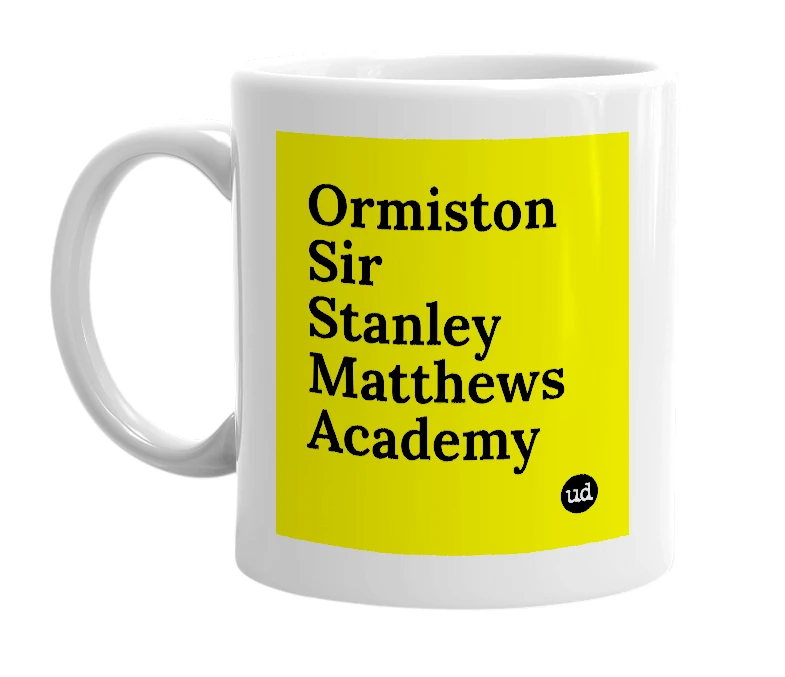 White mug with 'Ormiston Sir Stanley Matthews Academy' in bold black letters