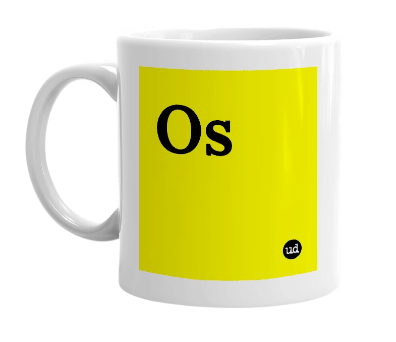 White mug with 'Os' in bold black letters