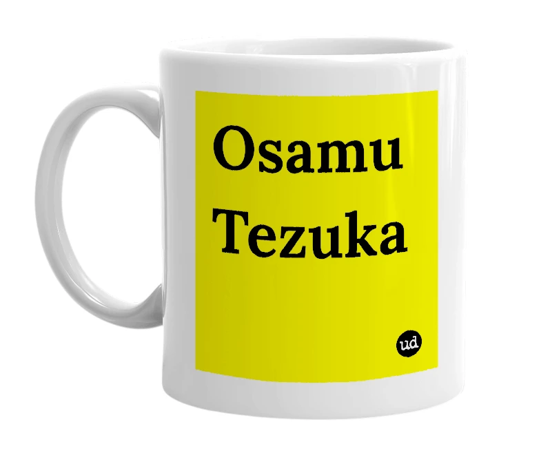 White mug with 'Osamu Tezuka' in bold black letters