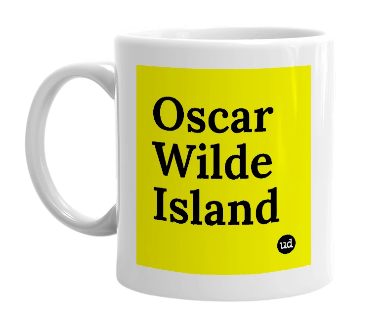White mug with 'Oscar Wilde Island' in bold black letters