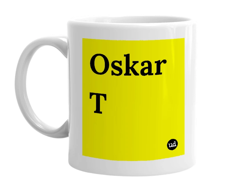 White mug with 'Oskar T' in bold black letters