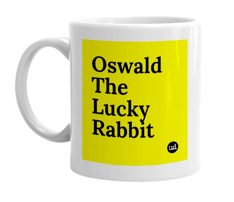 White mug with 'Oswald The Lucky Rabbit' in bold black letters