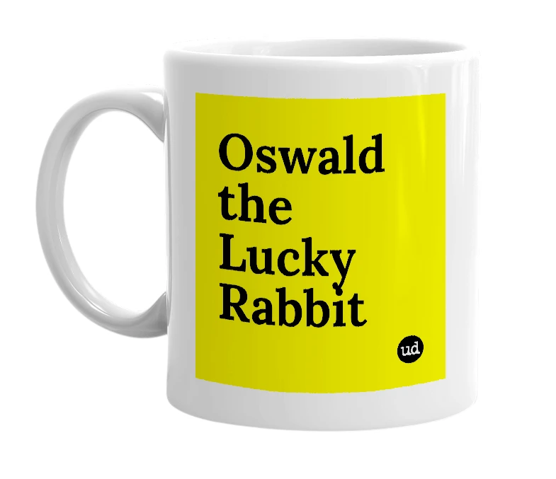 White mug with 'Oswald the Lucky Rabbit' in bold black letters