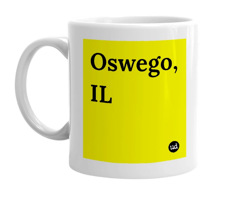 White mug with 'Oswego, IL' in bold black letters