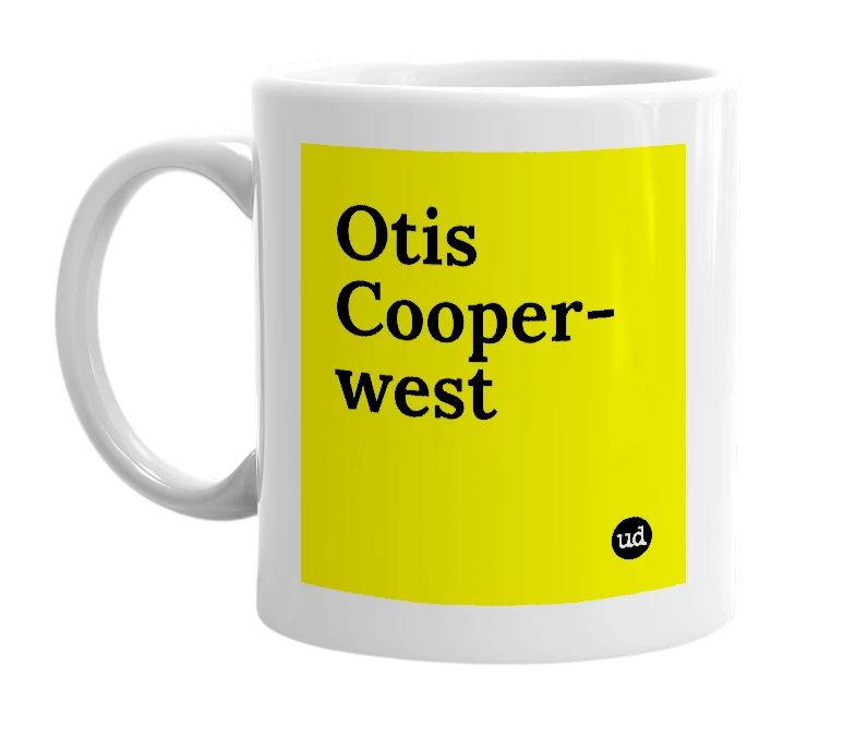 White mug with 'Otis Cooper-west' in bold black letters