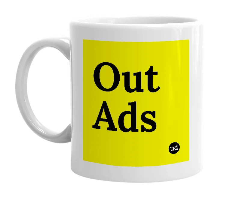 White mug with 'Out Ads' in bold black letters