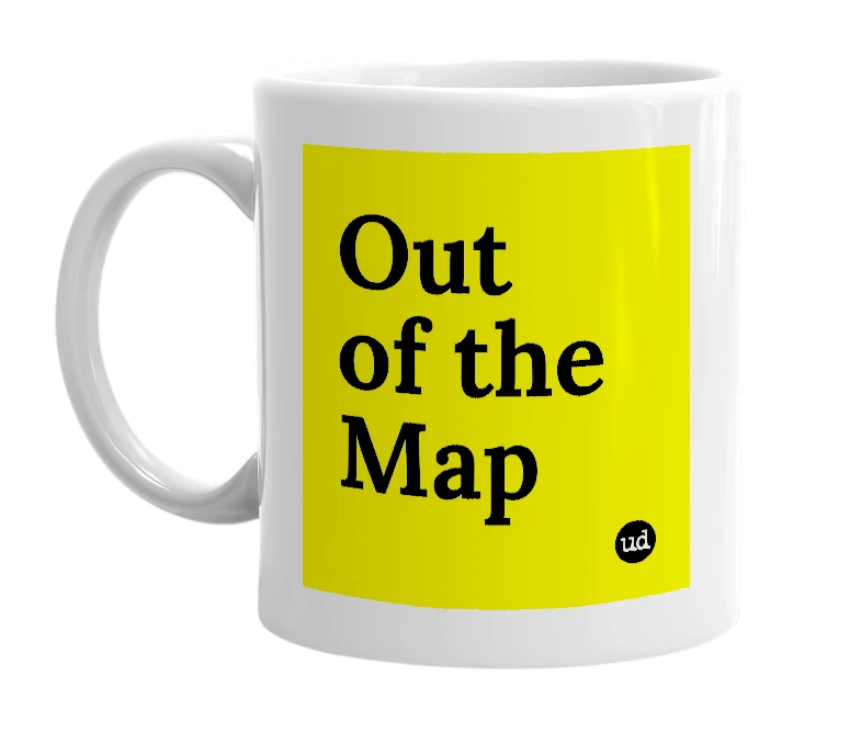 White mug with 'Out of the Map' in bold black letters