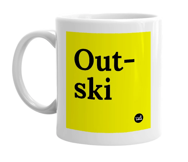 White mug with 'Out-ski' in bold black letters