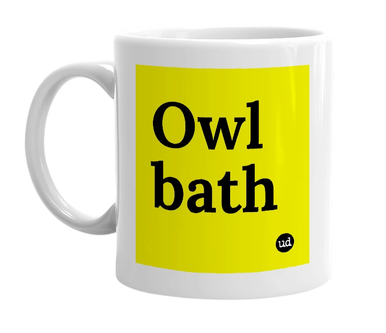 White mug with 'Owl bath' in bold black letters