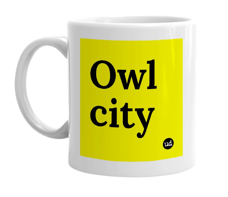 White mug with 'Owl city' in bold black letters