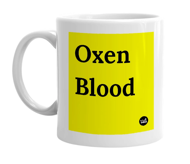 White mug with 'Oxen Blood' in bold black letters