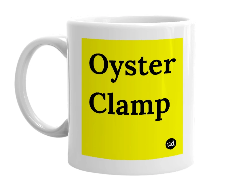 White mug with 'Oyster Clamp' in bold black letters