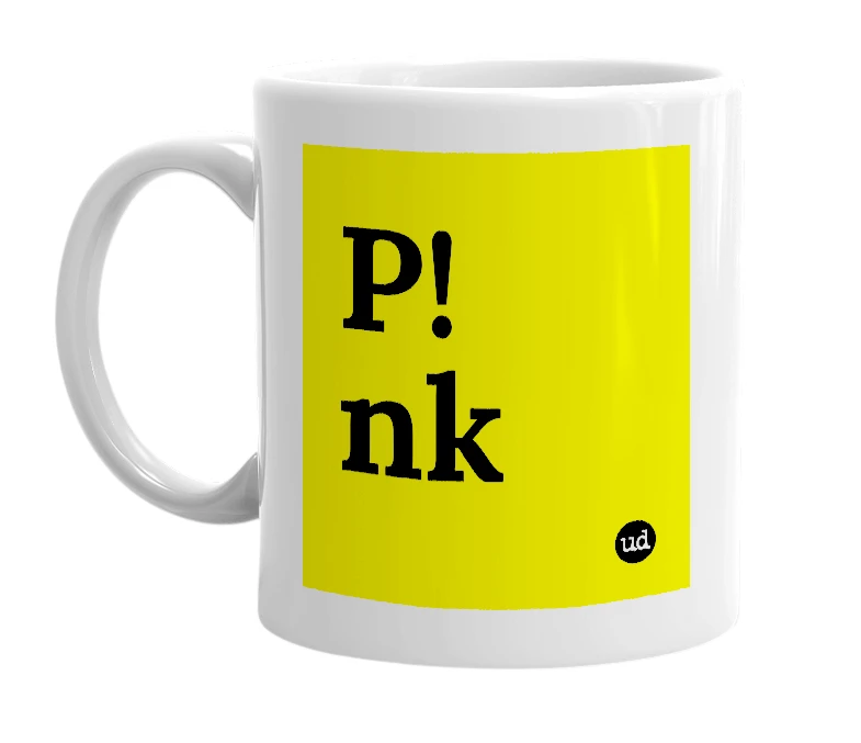 White mug with 'P!nk' in bold black letters