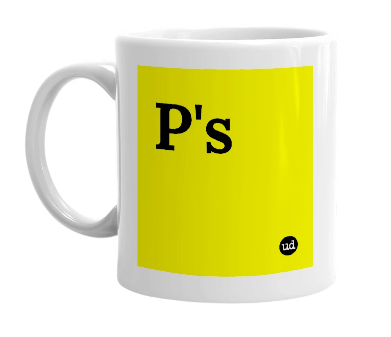 White mug with 'P's' in bold black letters